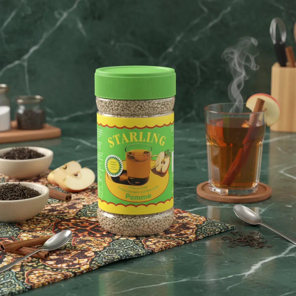 Thé pomme STARLING servi chaud avec bâton de cannelle, pot de thé en arrière-plan sur nappe décorative orientale.